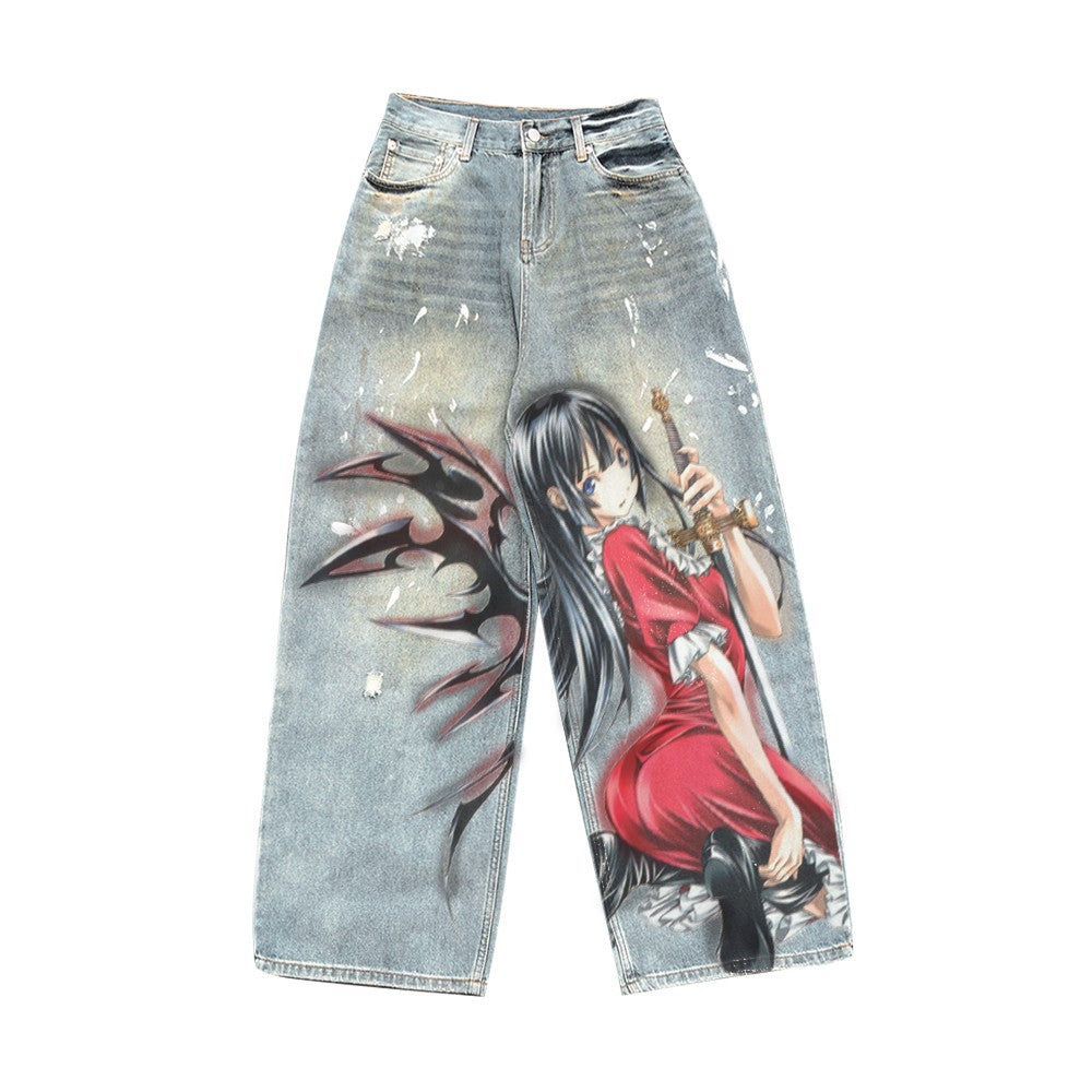 Tomato Poetry Retro Rare Japanese Comic Art Spray Painting Graffiti Vintage Men's and Women's Jeans