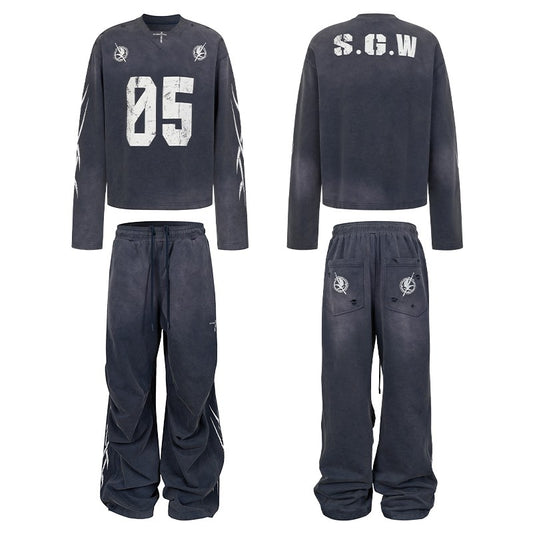 SGW washed spray printed knife cutting old short and wide jacket loose pants sweatpants 430G spring sweatshirt set