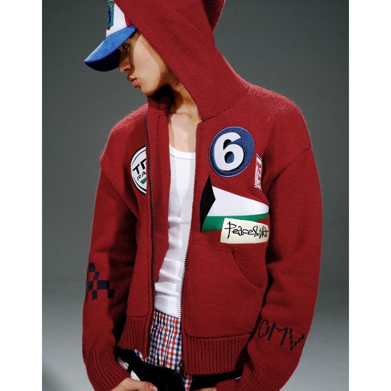 TREclub 25SS Bayinbrook patch applique red loose American sweater knitted cardigan hooded