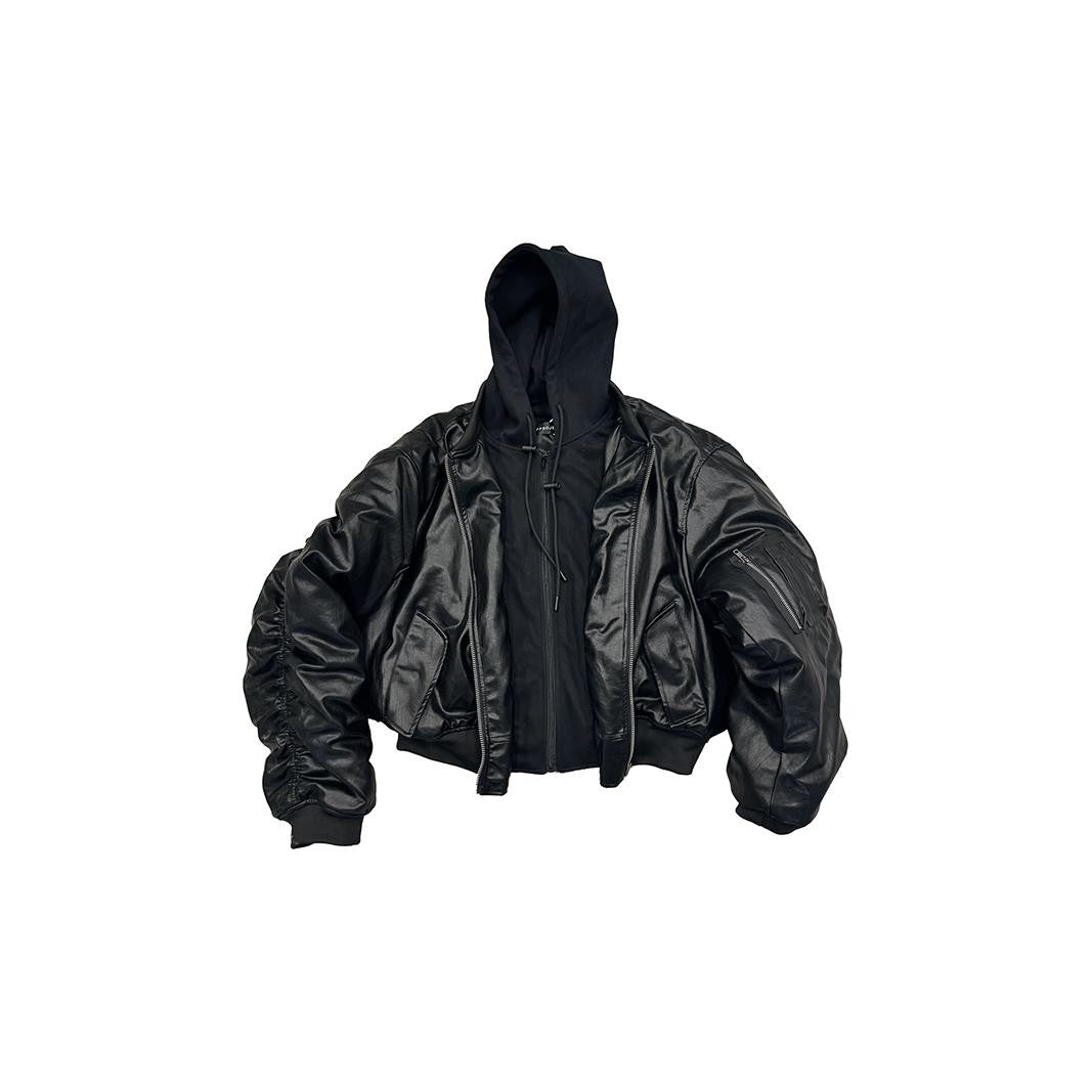 POPPROJECT Leather Bomber Double-layer Two-piece Hooded Jacket