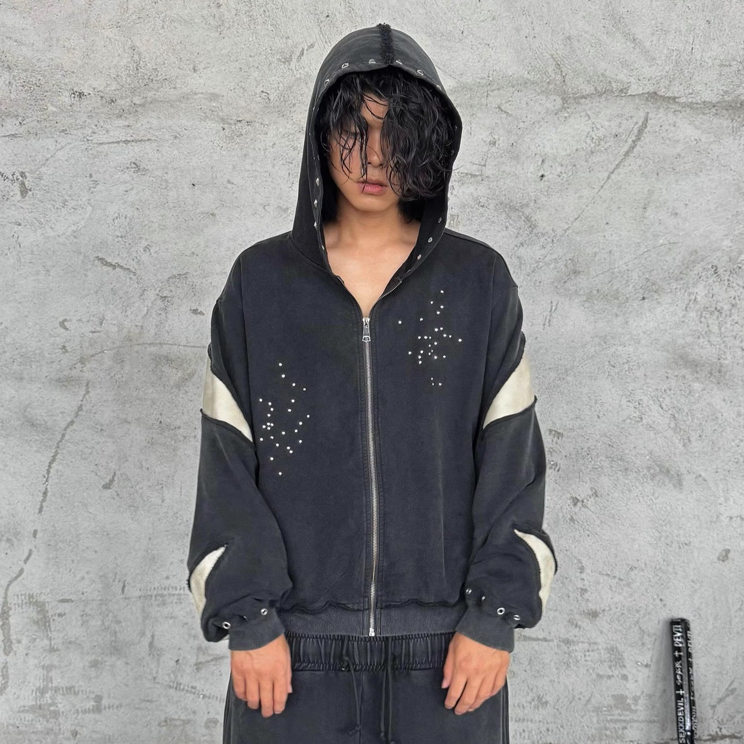 SEXXDEVIL Distressed Washed Leather Damaged Zipper Hoodie