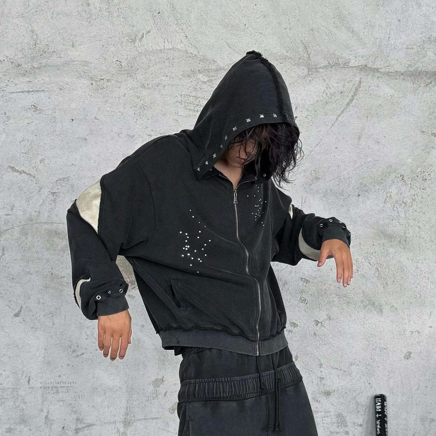 SEXXDEVIL Distressed Washed Leather Damaged Zipper Hoodie