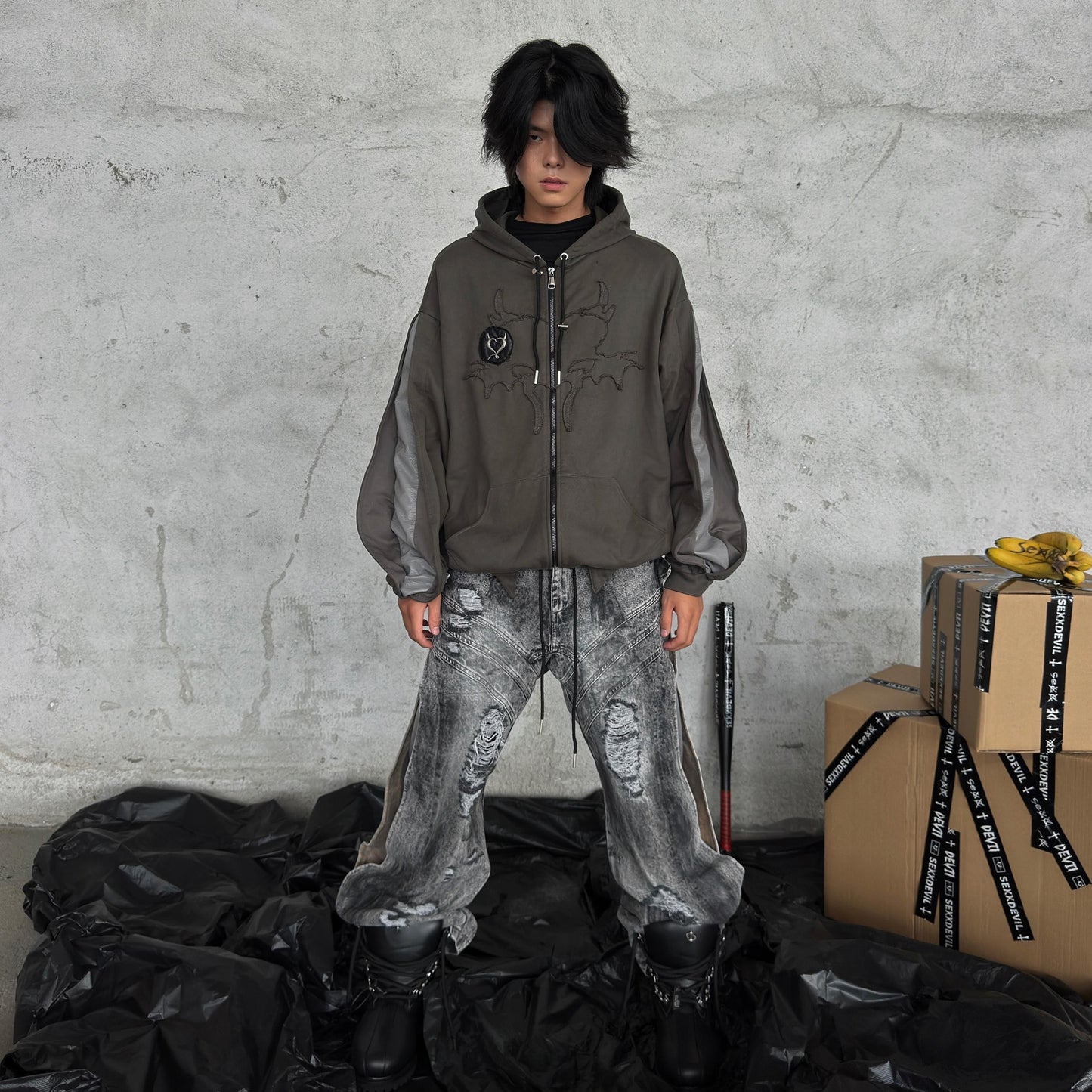 SEXXDEVIL Deconstructed Washed Bat Zipper hoodie