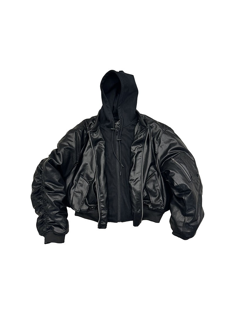 POPPROJECT Leather Bomber Double-layer Two-piece Hooded Jacket